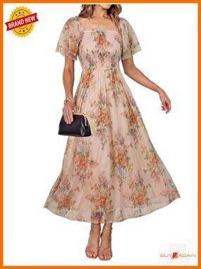 Women's Square Neck Floral Maxi Dress Smocked Boho Flowy Wedding Guest Mesh